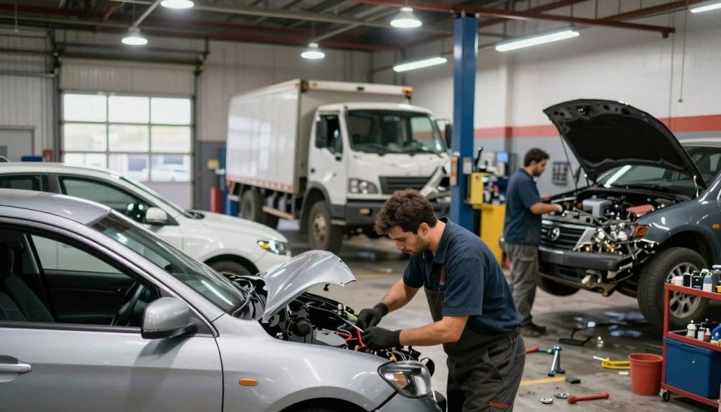 A busy car collision repair center in San Antonio, showcasing a variety of vehicles being repaired. In the foreground, a skilled mechanic in professional attire working on a damaged sedan with various tools nearby, emphasizing attention to detail. In the middle ground, another technician is assessing a more severely damaged truck, surrounded by auto parts and equipment, highlighting a bustling workshop atmosphere. The background features a large garage with overhead lights casting a bright, clear light on the scene. The mood is industrious yet professional, capturing the essence of a dedicated collision repair center. Use a wide-angle lens to provide depth and perspective, ensuring the focus is sharp on the mechanics while softly blurring the background to emphasize the action. The overall tone should be serious, reflecting the importance of timely car repairs. A busy car collision repair center in San Antonio, showcasing a variety of vehicles being repaired. In the foreground, a skilled mechanic in professional attire working on a damaged sedan with various tools nearby, emphasizing attention to detail. In the middle ground, another technician is assessing a more severely damaged truck, surrounded by auto parts and equipment, highlighting a bustling workshop atmosphere. The background features a large garage with overhead lights casting a bright, clear light on the scene. The mood is industrious yet professional, capturing the essence of a dedicated collision repair center. Use a wide-angle lens to provide depth and perspective, ensuring the focus is sharp on the mechanics while softly blurring the background to emphasize the action. The overall tone should be serious, reflecting the importance of timely car repairs.