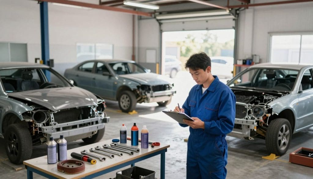 A busy collision repair shop filled with various vehicles undergoing restoration. In the foreground, an experienced mechanic in a blue jumpsuit is inspecting a damaged car, taking notes on a clipboard. The middle section features tools, such as wrenches and spray paint cans, organized on a workbench alongside a partially disassembled vehicle. Bright, diffused lighting fills the room, highlighting the intricate details of the repair work and casting soft shadows. In the background, repaired cars await pick-up, and a large garage door is open, revealing a sunny day outside. The atmosphere is industrious yet organized, conveying a sense of professionalism and attention to detail in preparing vehicles for repair. A busy collision repair shop filled with various vehicles undergoing restoration. In the foreground, an experienced mechanic in a blue jumpsuit is inspecting a damaged car, taking notes on a clipboard. The middle section features tools, such as wrenches and spray paint cans, organized on a workbench alongside a partially disassembled vehicle. Bright, diffused lighting fills the room, highlighting the intricate details of the repair work and casting soft shadows. In the background, repaired cars await pick-up, and a large garage door is open, revealing a sunny day outside. The atmosphere is industrious yet organized, conveying a sense of professionalism and attention to detail in preparing vehicles for repair.