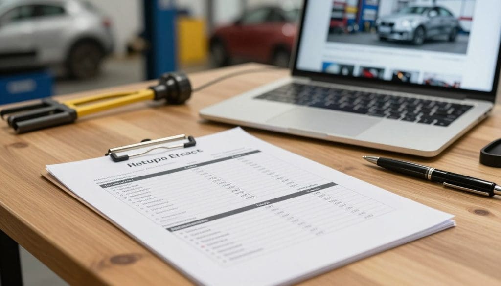 A close-up scene of a well-organized repair estimate document on a wooden desk, showcasing detailed breakdowns of costs and labor for automotive repairs. In the foreground, the document is highlighted, with a pen resting beside it, hinting at a decision in progress. In the middle ground, there's a laptop displaying a professional body shop's website, with images of cars being repaired. The background features a softly blurred automotive repair shop, hinting at a clean, professional environment with tools and equipment. The warm, natural lighting casts a soft glow, creating a thoughtful and focused atmosphere. The angle captures a slightly top-down perspective, emphasizing the importance of the document in the decision-making process. A close-up scene of a well-organized repair estimate document on a wooden desk, showcasing detailed breakdowns of costs and labor for automotive repairs. In the foreground, the document is highlighted, with a pen resting beside it, hinting at a decision in progress. In the middle ground, there's a laptop displaying a professional body shop's website, with images of cars being repaired. The background features a softly blurred automotive repair shop, hinting at a clean, professional environment with tools and equipment. The warm, natural lighting casts a soft glow, creating a thoughtful and focused atmosphere. The angle captures a slightly top-down perspective, emphasizing the importance of the document in the decision-making process.