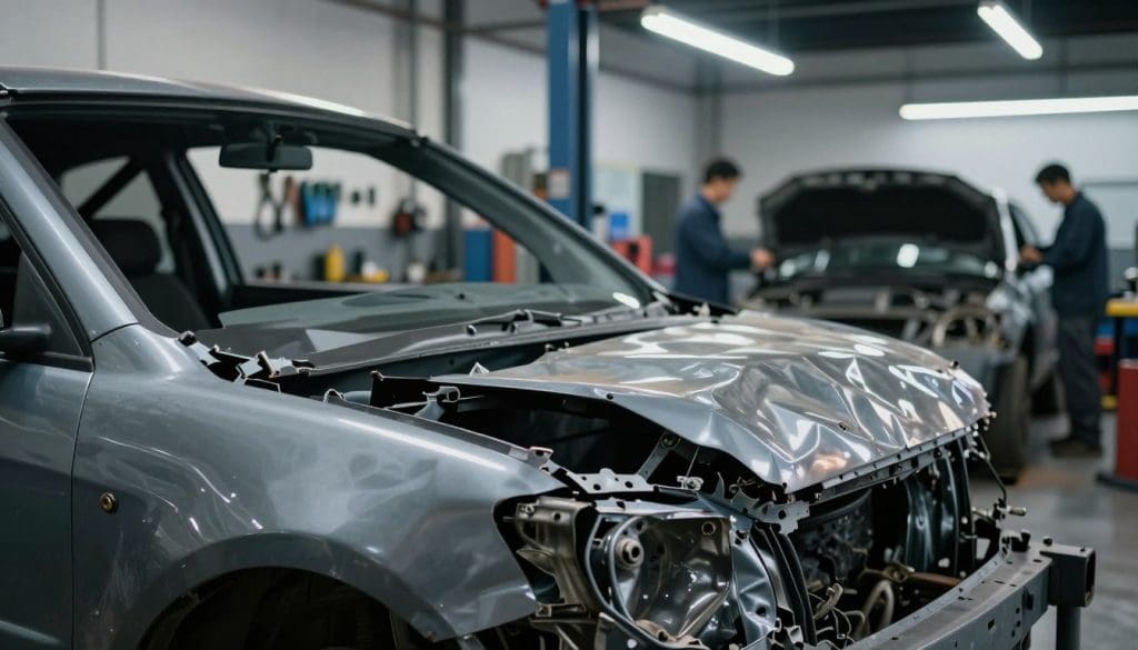 A close-up view of a crumpled car chassis, showcasing significant collision damage, with twisted metal and fractured frame elements prominently displayed in the foreground. In the middle ground, faint outlines of a mechanic workshop can be seen, with tools hanging on a wall and bright overhead lights creating a stark contrast against the darker shadows. In the background, a soft-focus view of a busy automotive repair shop, where technicians in professional attire are assessing damaged vehicles. The mood is serious and reflective, emphasizing the costly consequences of hidden damage. Use bright, industrial lighting to highlight the details of the damage, and an angled perspective that draws the viewer's attention to the warped frame. No people are directly in focus; the environment and details of the damage take precedence.