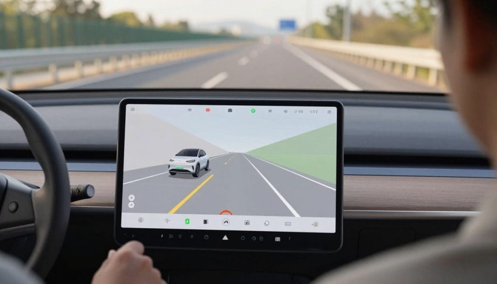 A close-up view of a modern car's dashboard displaying an advanced lane assist system interface. In the foreground, focus on the digital screen that shows real-time lane detection graphics, highlighting lane boundaries and vehicle positioning. In the middle ground, depict a driver's hands on the steering wheel, confidently navigating a highway. The background features blurred visuals of a well-maintained road, emphasizing a clear and sunny day with soft afternoon lighting filtering in through the windshield. Use a shallow depth of field to enhance focus on the dashboard screen and the driver, conveying a mood of safety and technical sophistication, with an atmosphere that suggests innovation in automotive technology.