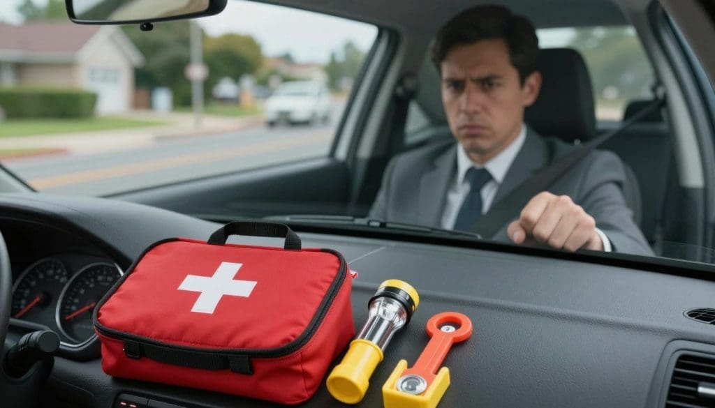 A close-up view of a rental car's dashboard and emergency kit, positioned prominently in the foreground, showcasing emergency items like a first aid kit, flashlight, and roadside assistance tools. The middle ground features a driver in professional attire, focused on the road, with a concerned expression, indicating the importance of safety while using a rental car. In the background, a blurred, suburban street scene suggests a sense of urgency, with subdued natural lighting to convey seriousness. The angle should be slightly tilted from the driver's perspective, highlighting the dashboard controls. The overall mood is tense yet informative, emphasizing critical safety considerations for drivers. A close-up view of a rental car's dashboard and emergency kit, positioned prominently in the foreground, showcasing emergency items like a first aid kit, flashlight, and roadside assistance tools. The middle ground features a driver in professional attire, focused on the road, with a concerned expression, indicating the importance of safety while using a rental car. In the background, a blurred, suburban street scene suggests a sense of urgency, with subdued natural lighting to convey seriousness. The angle should be slightly tilted from the driver's perspective, highlighting the dashboard controls. The overall mood is tense yet informative, emphasizing critical safety considerations for drivers.