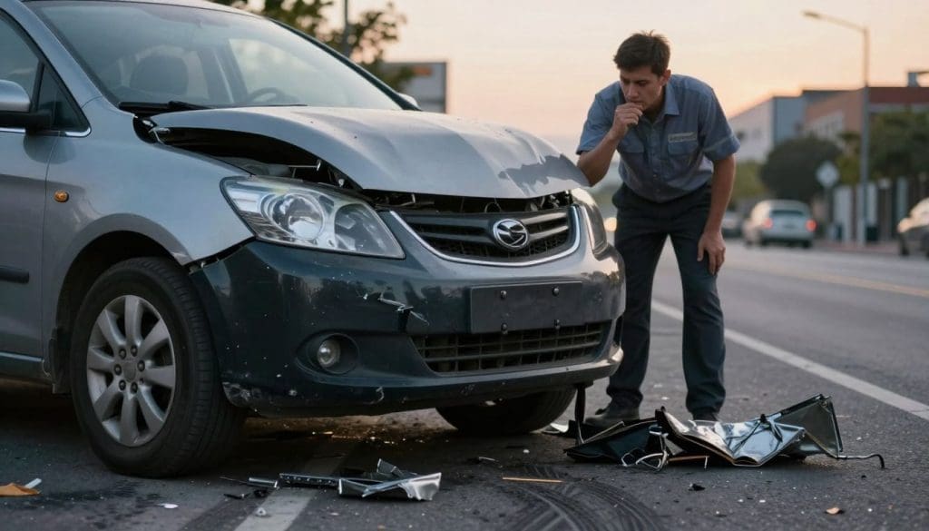 A damaged vehicle sits prominently in the foreground, showcasing noticeable collision damage on the front bumper and side panels. The middle ground features scattered debris from the accident, including tire marks on the asphalt and crumpled metal pieces. In the background, a blurred city street creates a sense of urgency, hinting at neglect as day turns to dusk, with soft, warm lighting suggesting a fading sunset. The atmosphere evokes a feeling of unease and concern, emphasizing the safety risks of post-collision neglect. An individual in professional attire examines the vehicle, their expression serious and thoughtful, highlighting the importance of timely repairs. The image is captured from a low angle to amplify the vehicle’s damage, with a shallow depth of field focusing on the car while softly blurring the details in the background. A damaged vehicle sits prominently in the foreground, showcasing noticeable collision damage on the front bumper and side panels. The middle ground features scattered debris from the accident, including tire marks on the asphalt and crumpled metal pieces. In the background, a blurred city street creates a sense of urgency, hinting at neglect as day turns to dusk, with soft, warm lighting suggesting a fading sunset. The atmosphere evokes a feeling of unease and concern, emphasizing the safety risks of post-collision neglect. An individual in professional attire examines the vehicle, their expression serious and thoughtful, highlighting the importance of timely repairs. The image is captured from a low angle to amplify the vehicle’s damage, with a shallow depth of field focusing on the car while softly blurring the details in the background.