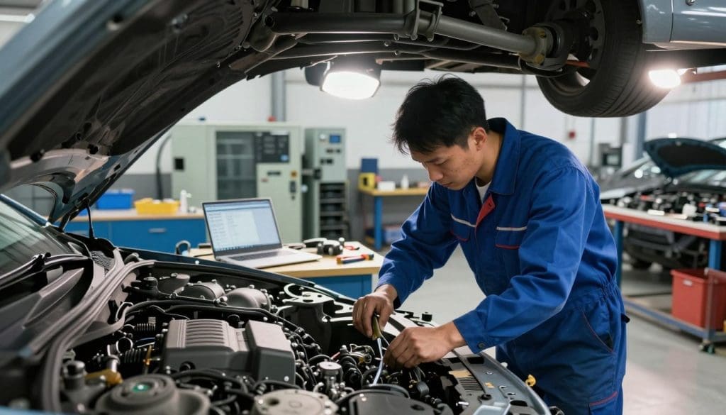 A dynamic scene depicting the car repair process, showcasing a disassembly phase focused on automobile mechanics. In the foreground, a professional mechanic in a blue jumpsuit is carefully removing parts from an engine, using precision tools with a focused expression. The middle layer features a workbench cluttered with car components, tools, and a laptop displaying parts inventory. In the background, a well-lit garage filled with various car parts and machinery creates an industrial atmosphere, with bright overhead lights casting dramatic shadows. The angle is slightly elevated, capturing the three-dimensional depth of the garage. The mood is tense yet industrious, conveying a sense of busy activity and skilled craftsmanship in the repair process. A dynamic scene depicting the car repair process, showcasing a disassembly phase focused on automobile mechanics. In the foreground, a professional mechanic in a blue jumpsuit is carefully removing parts from an engine, using precision tools with a focused expression. The middle layer features a workbench cluttered with car components, tools, and a laptop displaying parts inventory. In the background, a well-lit garage filled with various car parts and machinery creates an industrial atmosphere, with bright overhead lights casting dramatic shadows. The angle is slightly elevated, capturing the three-dimensional depth of the garage. The mood is tense yet industrious, conveying a sense of busy activity and skilled craftsmanship in the repair process.