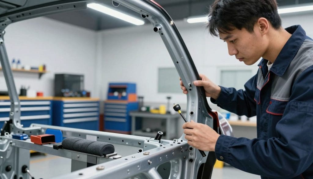 A highly detailed workshop scene focused on preventing vehicle frame damage. In the foreground, a mechanic in a professional business outfit inspects a car's frame using precision tools, with a look of concentration. The mechanic’s hands are highlighting specific areas of the frame where damage may occur. In the middle ground, various protective equipment such as frame aligners and padding is displayed, emphasizing the prevention aspect. The background features well-organized tool racks and equipment, with a bright, well-lit atmosphere emanating from overhead fluorescent lights, highlighting the meticulous nature of the work. The overall mood conveys professionalism and caution, illustrating the importance of thorough inspections to avoid hidden damage. The image is composed with a slight low angle, providing depth and focusing on the mechanic's expertise.