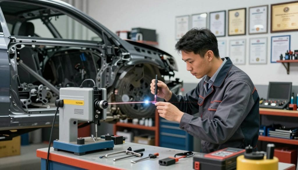 A mechanic in a well-lit auto repair shop, focused on meticulously repairing the frame of a car. In the foreground, tools such as a frame machine and welding equipment are prominently displayed, emphasizing precision and professionalism. The mechanic, wearing a professional business attire, is inspecting the vehicle’s alignment with a laser measurement tool. In the middle ground, shelves filled with car parts and repair manuals provide a sense of depth and context. The background features a wall of company certificates and awards, highlighting the shop's trustworthiness. Soft, diffused lighting creates a clean and safe atmosphere, while the angle captures the attention to detail necessary for proper collision repair, reflecting a commitment to family safety.