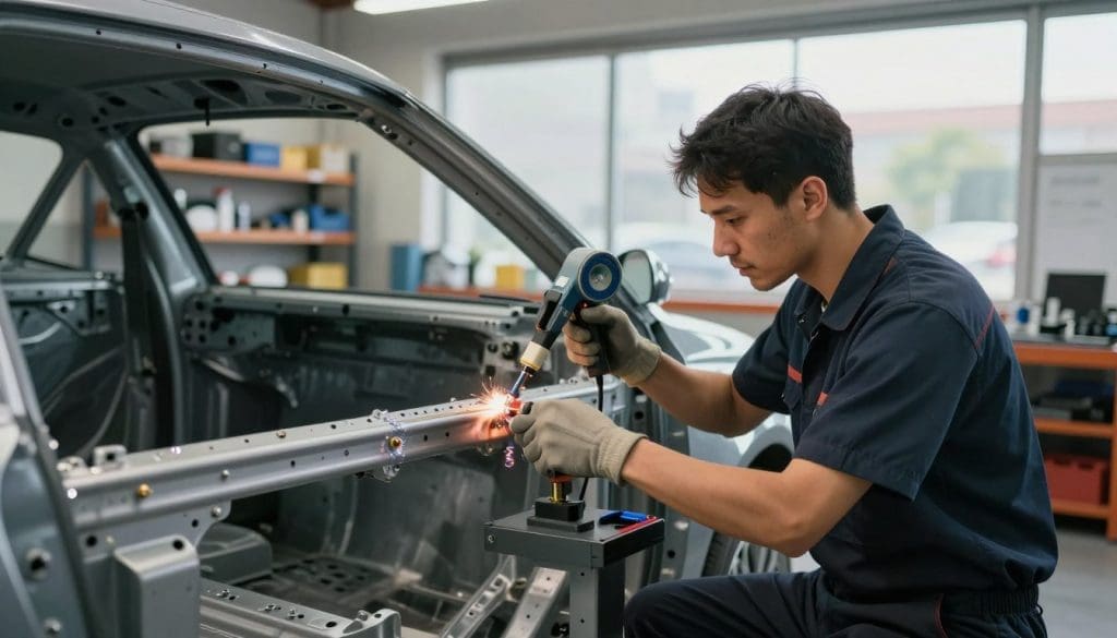 A modern auto body shop interior, displaying a skilled technician in professional work attire carefully repairing a vehicle frame. The foreground showcases the technician using advanced tools like a frame machine and measuring devices, emphasizing precision. In the middle, the partially disassembled car reveals intricate details of its frame, including welds and mounts. The background features shelves stocked with repair supplies and a large window allowing natural light to illuminate the space. The atmosphere is focused and industrious, reflecting the importance of meticulous work in collision repair for safety. Soft, warm lighting enhances the professionalism of the scene, while a shallow depth of field draws attention to the technician's precise movements.