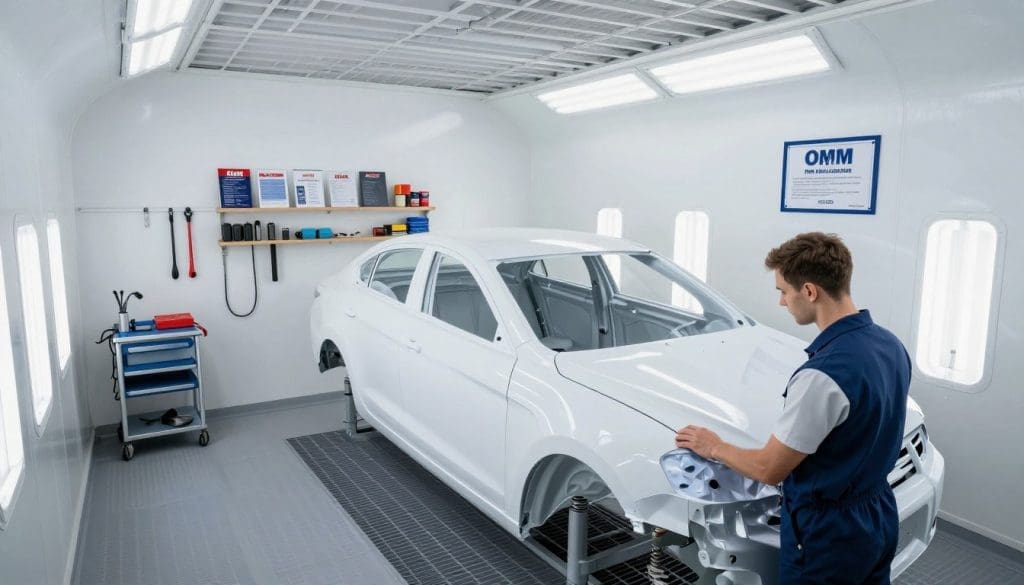 A modern auto body shop interior showcasing a certified collision repair facility, with gleaming tools and equipment neatly organized. In the foreground, a technician in professional business attire meticulously examines a vehicle's bodywork, highlighting the OEM certification badge visibly affixed to the wall. In the middle, the vehicle, partially restored, is illuminated by bright, soft LED lighting that accentuates the precision and care taken in the repair process. The background features a clean, spacious workshop with various repair tools and OEM manuals on a shelf, emphasizing professionalism and expertise. The atmosphere is bright, welcoming, and industrious, conveying trust and reliability. The angle of the image should be slightly elevated, providing a comprehensive view of the workspace and the attention to detail being applied.