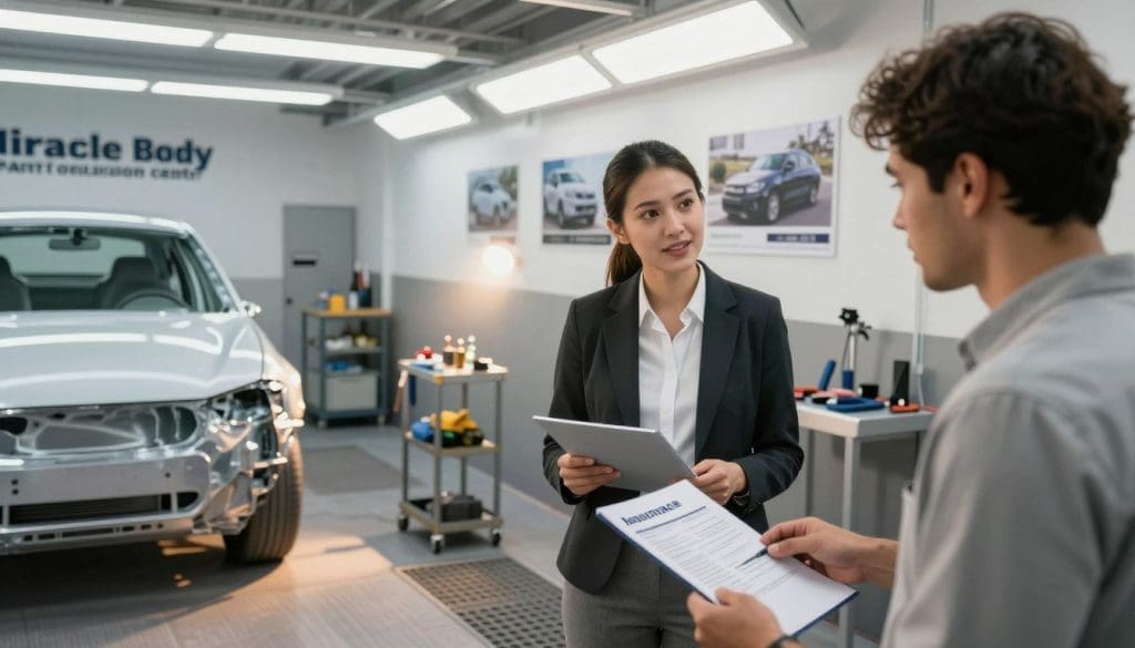 A modern auto body shop interior showcasing the Miracle Body and Paint Collision Center. In the foreground, a friendly, professional insurance representative in business attire is discussing policy details with a concerned customer, highlighting the theme of insurance claim help. In the middle, various body repair tools and equipment are visible, along with a sleek, partially repaired vehicle under bright LED lighting. The background features a clean, organized workspace with walls adorned with before-and-after photos of vehicle repairs. Soft, warm lighting creates a welcoming atmosphere while spotlighting the expertise of body shop professionals. The angle is slightly elevated, providing a clear view of the interaction and the busy yet inviting environment. The mood is reassuring and focused on customer service.