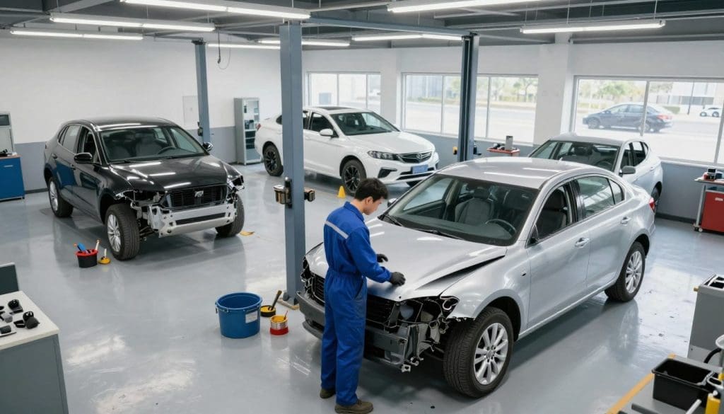 A modern auto repair workshop with a focus on accident repair is displayed prominently in the foreground. A mechanic, dressed in a blue jumpsuit and gloves, inspects a freshly repaired car, with tools and parts neatly organized around them. In the middle ground, several repair stations are visible, each showcasing various stages of vehicle repair, like painting and dent removal, with bright overhead lights illuminating the space. The background features large windows letting in natural light, adding a sense of openness and cleanliness to the environment. The mood is professional and focused, emphasizing efficiency and quality workmanship. Capture this scene from a slightly elevated angle to provide depth, portraying the dedication to ensuring the longevity of vehicle repairs in a well-maintained setting. A modern auto repair workshop with a focus on accident repair is displayed prominently in the foreground. A mechanic, dressed in a blue jumpsuit and gloves, inspects a freshly repaired car, with tools and parts neatly organized around them. In the middle ground, several repair stations are visible, each showcasing various stages of vehicle repair, like painting and dent removal, with bright overhead lights illuminating the space. The background features large windows letting in natural light, adding a sense of openness and cleanliness to the environment. The mood is professional and focused, emphasizing efficiency and quality workmanship. Capture this scene from a slightly elevated angle to provide depth, portraying the dedication to ensuring the longevity of vehicle repairs in a well-maintained setting.