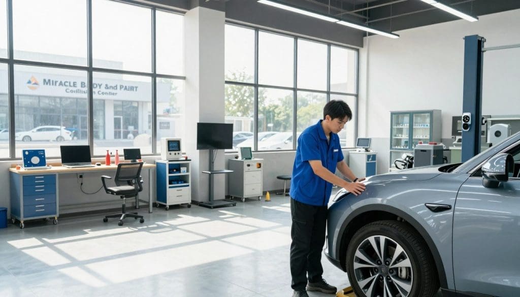 A modern automotive service center, brightly lit by daylight filtering through large windows. In the foreground, a professional technician in a blue shirt and black pants inspects a sleek, new car with advanced safety features, like sensors and cameras, prominently displayed. The middle ground showcases a clean, organized workshop with tools and equipment neatly arranged, emphasizing the collision avoidance technology being demonstrated. In the background, the exterior of the Miracle Body and Paint Collision Center is visible, with signage and a welcoming atmosphere. The mood is one of professionalism and safety, reflecting the hidden technology that protects drivers, captured with a wide-angle view to emphasize both the technician and the setting.