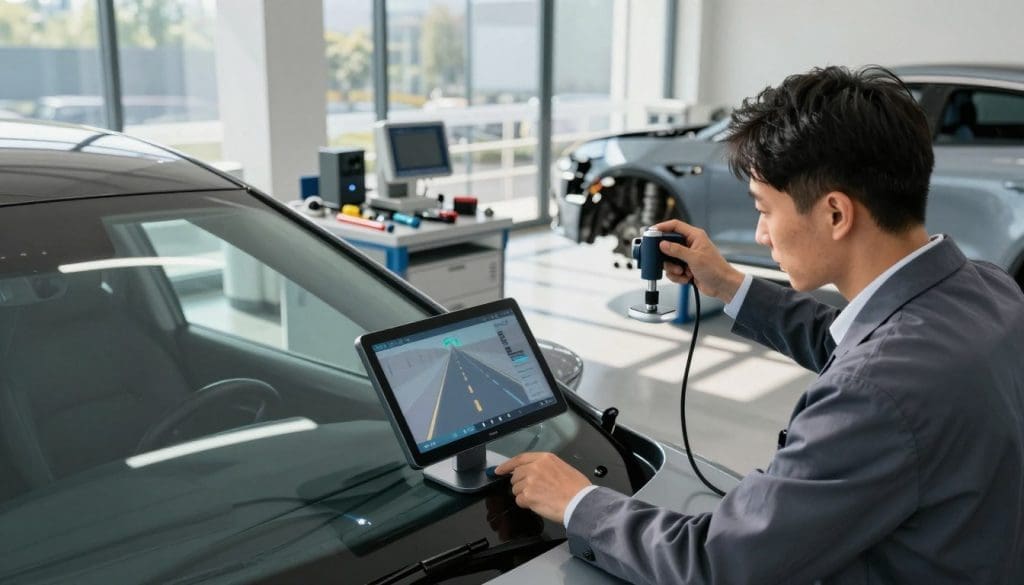 A modern automotive workshop interior, featuring a professional technician in business attire calibrating lane assist technology on a car’s windshield. In the foreground, the technician is focused on a digital display showing lane tracking graphics. The middle ground showcases a variety of sophisticated calibration equipment and tools arranged neatly on a workbench, with a partially disassembled vehicle in view. The background reveals a large window through which natural light streams, casting dramatic shadows across the polished concrete floor. The overall atmosphere is one of precision and high-tech innovation, emphasizing the importance of accuracy in windshield replacement and lane assist systems. The image is captured with a sharp focus, highlighting the intricate details of the calibration process and creating a sense of professionalism and technical expertise.