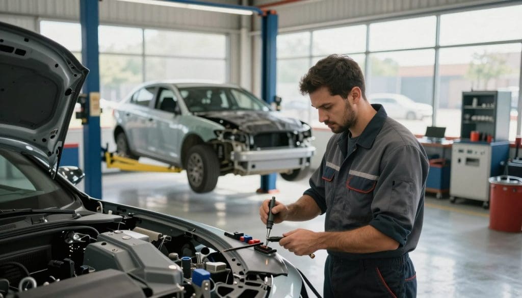 A modern collision repair shop in San Antonio, featuring a clean and well-organized workspace. In the foreground, a skilled mechanic in a professional uniform examines the exterior of a vehicle with a focused expression, using specialized tools. The mechanic's attire is neat and suitable for a professional environment. In the middle ground, a partially disassembled car sits on a hydraulic lift, with various tools and parts neatly arranged nearby, showcasing the repair process. In the background, large windows let in natural light, illuminating the workshop's polished floors and high-tech repair equipment. The atmosphere is one of professionalism and trust, conveying a sense of thorough workmanship and safety, with a slight hint of warmth from the lighting.