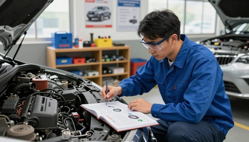 A professional automotive technician conducts training in a well-lit workshop, surrounded by various tools and vehicle parts. In the foreground, the technician, wearing a blue work shirt and safety goggles, kneels beside a vehicle, examining its engine with focused attention. The middle ground features a training manual open on a workbench, showcasing diagrams of safety protocols and repair procedures. In the background, there are shelves stocked with safety equipment and informative posters about vehicle safety. Soft, natural lighting filters through a window, enhancing the atmosphere of diligent learning and professionalism. The mood conveys a sense of dedication to specialized technician training and highlights the importance of adhering to factory repair procedures in ensuring vehicle safety. A professional automotive technician conducts training in a well-lit workshop, surrounded by various tools and vehicle parts. In the foreground, the technician, wearing a blue work shirt and safety goggles, kneels beside a vehicle, examining its engine with focused attention. The middle ground features a training manual open on a workbench, showcasing diagrams of safety protocols and repair procedures. In the background, there are shelves stocked with safety equipment and informative posters about vehicle safety. Soft, natural lighting filters through a window, enhancing the atmosphere of diligent learning and professionalism. The mood conveys a sense of dedication to specialized technician training and highlights the importance of adhering to factory repair procedures in ensuring vehicle safety.