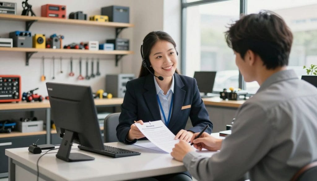A professional customer service evaluation scene taking place in a well-lit repair shop. In the foreground, a friendly service representative, dressed in smart business attire, is attentively discussing warranty terms with a customer, who is seated at a sleek, modern desk. In the middle ground, shelves filled with various tools and parts are organized neatly, showcasing the shop’s professionalism. The background features a large window allowing natural light to pour in, highlighting the inviting atmosphere. Soft shadows are cast, creating a warm, approachable mood that emphasizes trust and communication. Focus on the expressions of both the representative and the customer, capturing the essence of a positive customer service interaction. Lens angle should be slightly elevated, giving a clear view of the exchange without feeling intrusive.