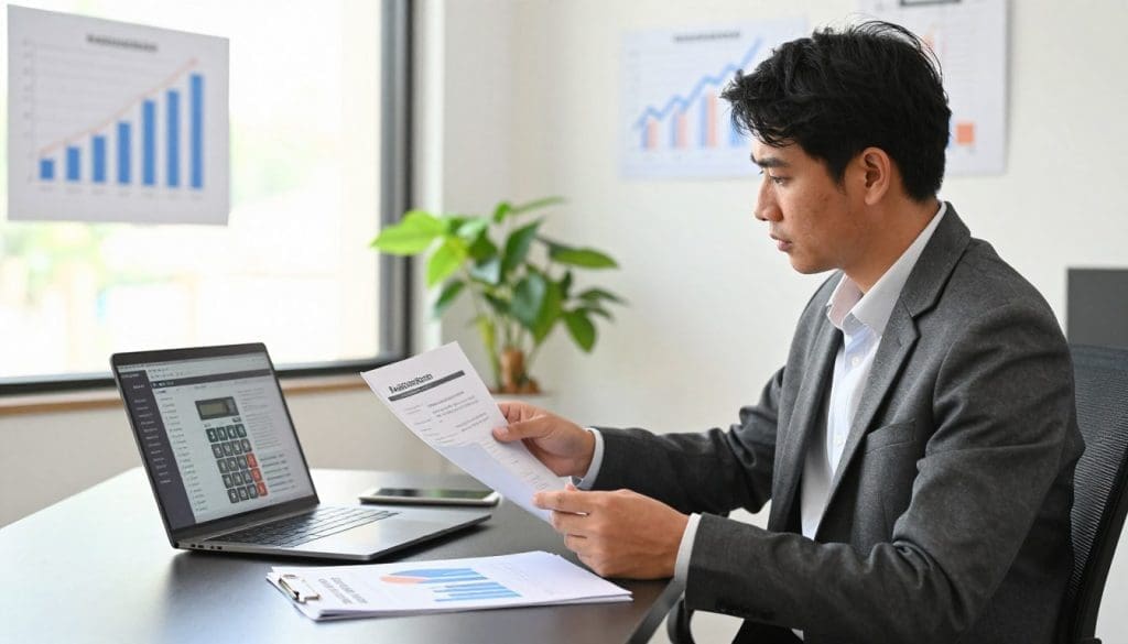 A professional financial advisor sits at a sleek modern desk in a well-lit office, reviewing documents that detail deductible assistance plans. In the foreground, a laptop displays an open calculator app, and beside it, neatly organized papers with graphs and numbers. The advisor, dressed in formal business attire, looks thoughtfully at the paperwork, conveying determination and professionalism. In the middle ground, a potted plant adds a touch of warmth and nature, while a chart on the wall graphically represents financial assistance eligibility. In the background, soft natural light streams through a large window, creating an inviting atmosphere. The overall mood is one of calm confidence and financial empowerment, emphasizing the importance of understanding deductible assistance after a collision.