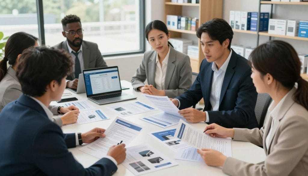 A professional office setting, emphasizing customer protection and support. In the foreground, a diverse group of individuals in business attire are engaged in an animated discussion, reviewing warranty documents and product details. Their expressions reflect confidence and trust. In the middle, a large table is filled with warranty brochures, highlighted product images, and a laptop displaying customer service ratings. The background features shelves of well-organized products, symbolizing quality assurance. Soft, natural lighting filters through large windows, creating an inviting atmosphere. The angle is slightly tilted from above, offering a clear view of the interaction, while maintaining focus on the camaraderie and professionalism that underline the importance of taking advantage of lifetime warranties.