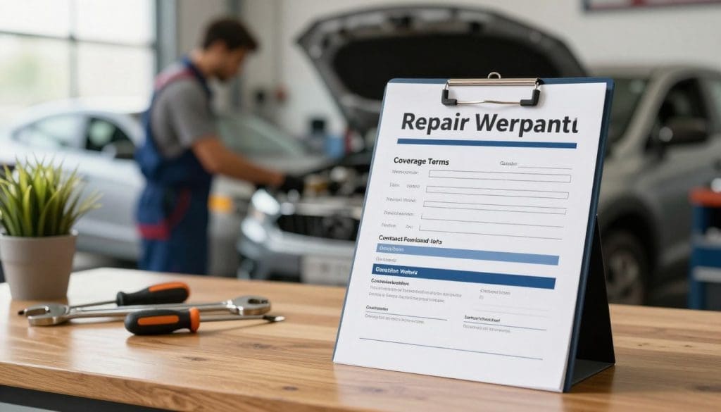 A professional repair warranty document prominently displayed in the foreground, with a polished wooden desk underneath. The warranty features a clean design, clearly showing sections like coverage terms and contact information. Midground elements include tools like a wrench and screwdriver, subtly hinting at repair services, along with a small potted plant that adds a touch of warmth. The background reveals a softly blurred automotive workshop with technicians in professional attire working on vehicles, enhancing the atmosphere of trust and reliability. The scene is well-lit with natural daylight filtering through a window, creating a welcoming and knowledgeable mood. Use a shallow depth of field to emphasize the warranty while keeping the workshop recognizable but not distracting.