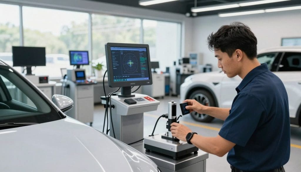 A sleek auto repair facility in San Antonio, showcasing a state-of-the-art Advanced Driver Assistance Systems (ADAS) calibration station. In the foreground, a technician in professional attire carefully adjusts the calibration equipment on a modern high-tech vehicle, focusing on the precision instruments. In the middle ground, a variety of high-tech tools and diagnostic screens illuminate the space, reflecting a blend of technology and expertise. The background features the repair shop filled with advanced machinery and a clean, well-organized environment. Soft, natural lighting streams through large windows, creating a bright, inviting atmosphere that emphasizes professionalism and innovation in collision repair. The image captures the mood of high-tech efficiency and trustworthiness in vehicle maintenance.