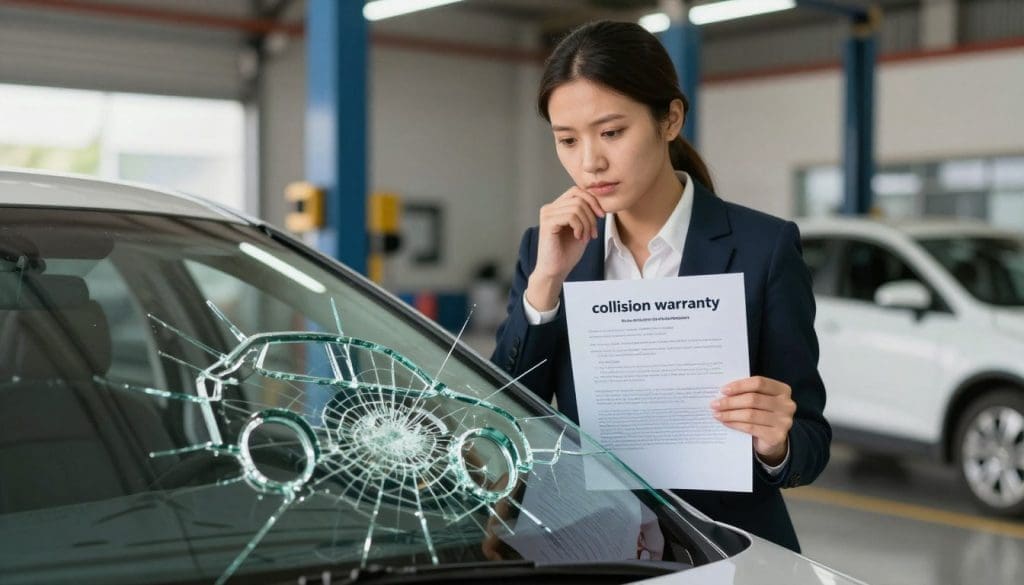 A visually striking representation of a "collison warranty", featuring a shattered automobile windshield in the foreground, with pieces of glass artistically arranged to form the outline of a car. In the middle, a confident business person in professional attire examines the broken glass with a thoughtful expression, symbolizing the importance of understanding warranty agreements. The background showcases a blurred auto repair shop, softly illuminated by warm, natural lighting, creating a comforting atmosphere. The focus is sharp on the shattered glass and the examined warranty document held by the business person, while the background fades gently into soft bokeh to emphasize the main subjects. The overall mood is serious yet educational, inviting viewers to ponder the implications of lifetime warranties and their misconceptions.