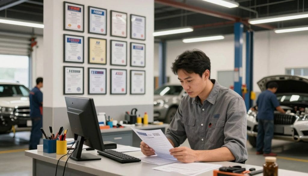 A well-lit automotive workshop, featuring a clean and organized auto body shop environment in the foreground. A focused scene shows a professional in business attire, examining certifications and accreditation documents on a countertop, surrounded by tools and equipment. The middle ground includes a wall displaying various auto repair certifications framed neatly, showcasing different industry accreditations like I-CAR and ASE. In the background, vehicles are visible in different stages of repair, with mechanics diligently working. The lighting is bright and warm, creating a welcoming atmosphere, while the angle captures an intimate perspective of the professional evaluating the credentials, conveying a sense of trust and reliability in the garage setting. A well-lit automotive workshop, featuring a clean and organized auto body shop environment in the foreground. A focused scene shows a professional in business attire, examining certifications and accreditation documents on a countertop, surrounded by tools and equipment. The middle ground includes a wall displaying various auto repair certifications framed neatly, showcasing different industry accreditations like I-CAR and ASE. In the background, vehicles are visible in different stages of repair, with mechanics diligently working. The lighting is bright and warm, creating a welcoming atmosphere, while the angle captures an intimate perspective of the professional evaluating the credentials, conveying a sense of trust and reliability in the garage setting.