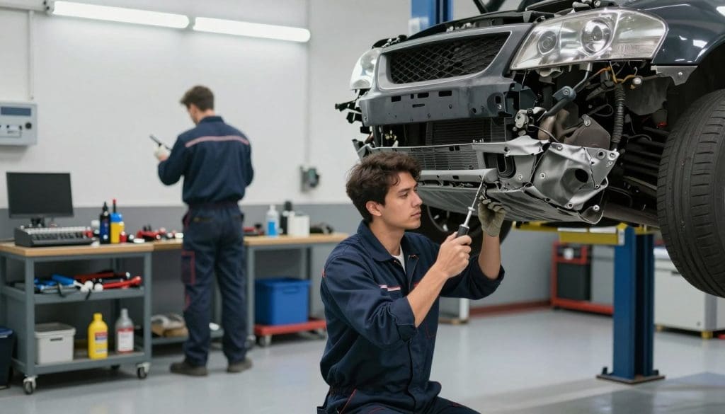 A well-lit, professional auto repair shop scene, showcasing skilled technicians in neat coveralls engaged in vehicle repairs. In the foreground, a technician carefully inspects a complex vehicle with visible collision damage, such as bent fenders and a cracked bumper, using specialized tools. In the middle ground, an organized workspace with various tools and equipment, including a hydraulic lift and high-quality repair materials. In the background, smooth, bright lighting casts a welcoming atmosphere, highlighting the clean environment and high-tech equipment. The mood is one of trust and expertise, emphasizing the importance of experience in providing reliable and effective vehicle repairs. The angle should be slightly elevated to capture the action and detail effectively. A well-lit, professional auto repair shop scene, showcasing skilled technicians in neat coveralls engaged in vehicle repairs. In the foreground, a technician carefully inspects a complex vehicle with visible collision damage, such as bent fenders and a cracked bumper, using specialized tools. In the middle ground, an organized workspace with various tools and equipment, including a hydraulic lift and high-quality repair materials. In the background, smooth, bright lighting casts a welcoming atmosphere, highlighting the clean environment and high-tech equipment. The mood is one of trust and expertise, emphasizing the importance of experience in providing reliable and effective vehicle repairs. The angle should be slightly elevated to capture the action and detail effectively.
