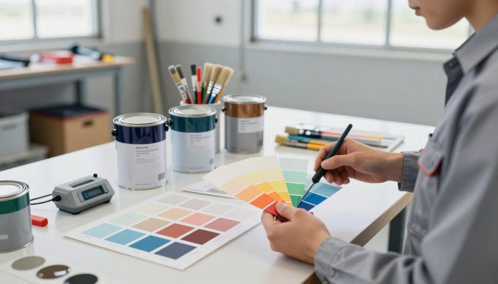 A well-lit workshop scene focused on a paint matching workstation, with an experienced technician in professional attire examining paint samples next to a variety of color swatches. In the foreground, the technician is holding a color-matching tool, showcasing a blend of vibrant paint shades, with a precision measuring device nearby. In the middle ground, there are various paint cans and brushes neatly arranged, suggesting careful preparation. The background features a clean, organized garage with tools and equipment for vehicle restoration, illuminated by natural light streaming through a window, creating a bright and inviting atmosphere. This scene captures the meticulous nature of paint matching and finish restoration, evoking a sense of expertise and attention to detail. A well-lit workshop scene focused on a paint matching workstation, with an experienced technician in professional attire examining paint samples next to a variety of color swatches. In the foreground, the technician is holding a color-matching tool, showcasing a blend of vibrant paint shades, with a precision measuring device nearby. In the middle ground, there are various paint cans and brushes neatly arranged, suggesting careful preparation. The background features a clean, organized garage with tools and equipment for vehicle restoration, illuminated by natural light streaming through a window, creating a bright and inviting atmosphere. This scene captures the meticulous nature of paint matching and finish restoration, evoking a sense of expertise and attention to detail.