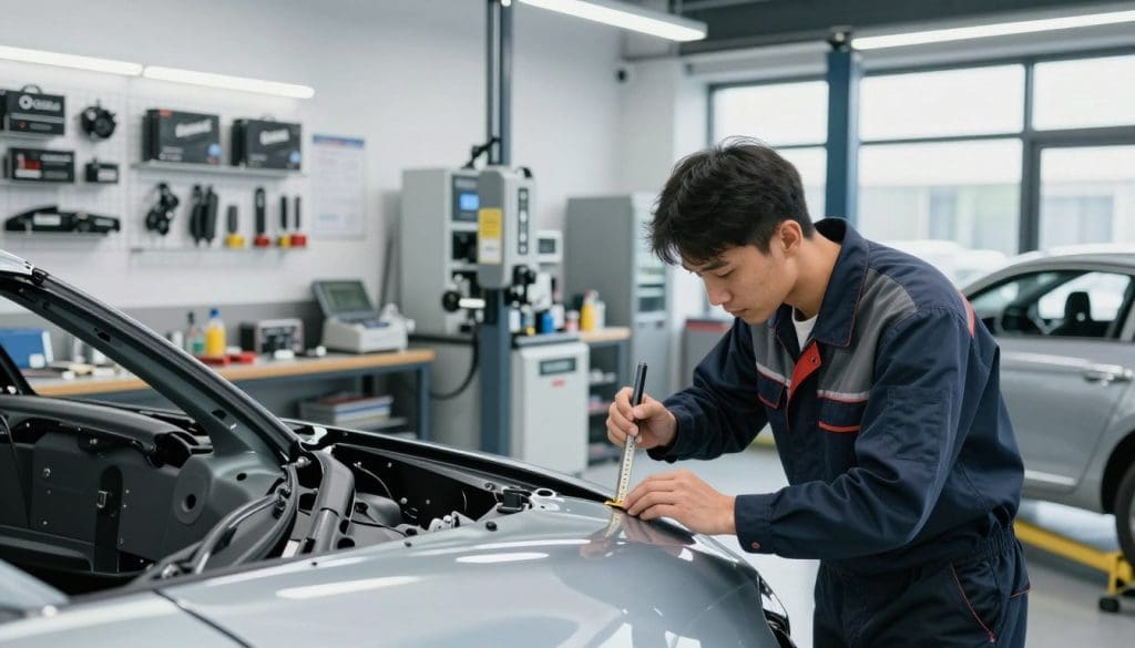 An automotive collision repair shop, emphasizing OEM certified practices. In the foreground, a mechanic in a professional work uniform meticulously inspects a car body, using a precise measuring tool to ensure alignment. The middle ground features a well-organized workspace, with OEM parts displayed neatly and sophisticated repair equipment, such as a frame machine and hydraulic lifts. The background showcases a brightly lit shop area with reflective surfaces, emphasizing cleanliness and precision. Soft, natural lighting filters through large windows, creating an atmosphere of professionalism and trust. The mood is focused and diligent, capturing the importance of adhering to OEM standards in collision repair.