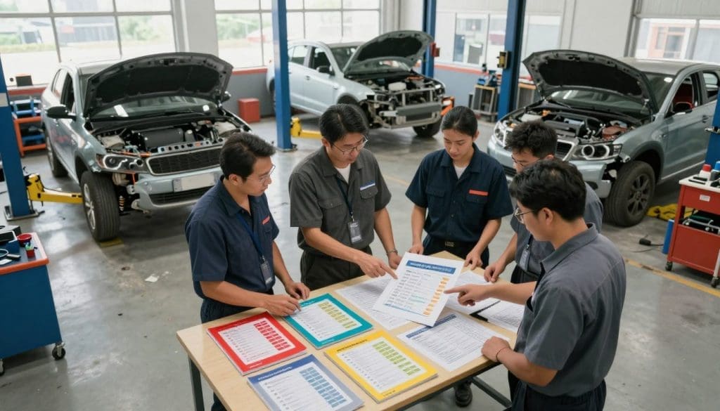 An overhead view of a busy auto collision repair shop, showcasing a diverse group of professionals in uniforms, standing around a table discussing customer feedback on repair services. In the foreground, brightly colored repair manuals and review forms are scattered, with some professionals pointing at a chart displaying positive ratings. The middle ground features partially dismantled vehicles being worked on, with tools and equipment neatly arranged. In the background, large windows let in soft, natural light, creating a bright and inviting atmosphere. The mood is collaborative and professional, reflecting the care and attention to detail in providing service. The scene is captured with a wide-angle lens, emphasizing the spaciousness and activity within the shop. An overhead view of a busy auto collision repair shop, showcasing a diverse group of professionals in uniforms, standing around a table discussing customer feedback on repair services. In the foreground, brightly colored repair manuals and review forms are scattered, with some professionals pointing at a chart displaying positive ratings. The middle ground features partially dismantled vehicles being worked on, with tools and equipment neatly arranged. In the background, large windows let in soft, natural light, creating a bright and inviting atmosphere. The mood is collaborative and professional, reflecting the care and attention to detail in providing service. The scene is captured with a wide-angle lens, emphasizing the spaciousness and activity within the shop.