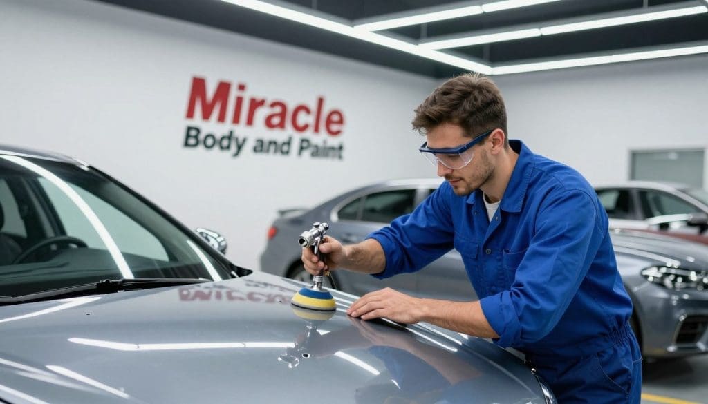 Inside a modern auto body shop, a skilled technician meticulously repairs a dented car hood, focusing on the details of the bodywork. In the foreground, the technician is wearing a blue uniform and safety goggles, with a confident expression, surrounded by tools like a spray gun and detail sander. The middle ground features a painted wall displaying the shop's logo “Miracle Body and Paint” in a professional manner. In the background, gleaming cars in varying stages of repair reflect bright, high-efficiency LED lighting, creating a clean and vibrant atmosphere. The angle captures the technician in action from a low perspective, adding a sense of depth and engagement, while maintaining a sense of professionalism and effective solutions in auto repair. Inside a modern auto body shop, a skilled technician meticulously repairs a dented car hood, focusing on the details of the bodywork. In the foreground, the technician is wearing a blue uniform and safety goggles, with a confident expression, surrounded by tools like a spray gun and detail sander. The middle ground features a painted wall displaying the shop's logo “Miracle Body and Paint” in a professional manner. In the background, gleaming cars in varying stages of repair reflect bright, high-efficiency LED lighting, creating a clean and vibrant atmosphere. The angle captures the technician in action from a low perspective, adding a sense of depth and engagement, while maintaining a sense of professionalism and effective solutions in auto repair.